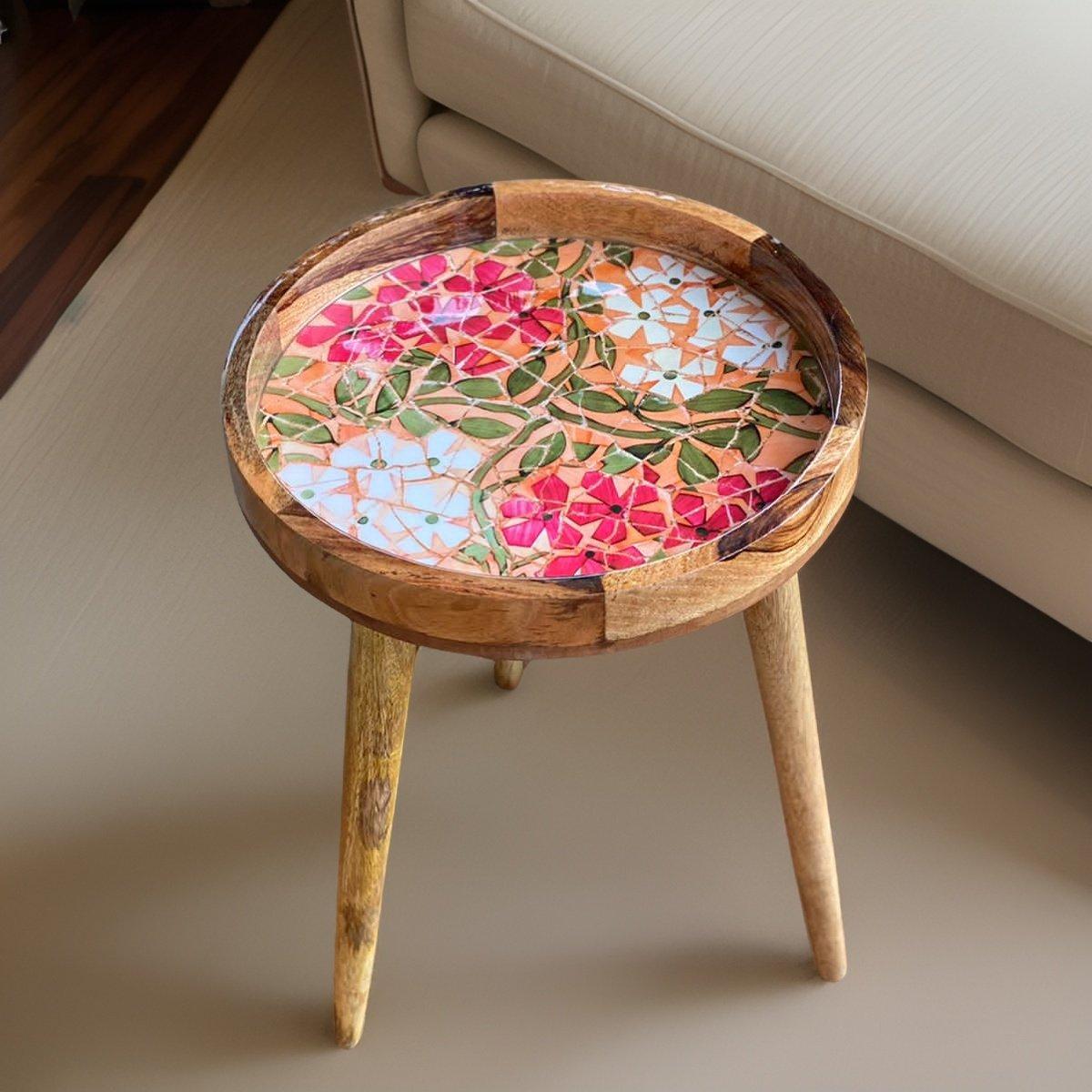 Handmade Side Table Solid Mango Wood Detachable Legs Mosaic
